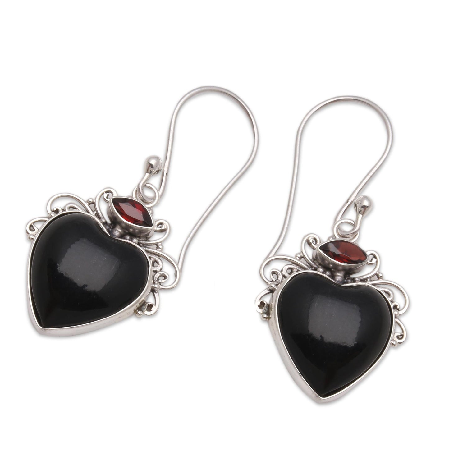 Dark Passion Heart-Shaped Garnet and Horn Dangle Earrings from Bali