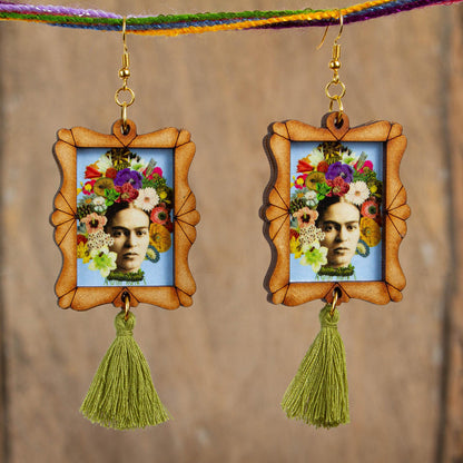 Frida Adorned Handcrafted Frida Kahlo and Flowers Wood Dangle Earrings