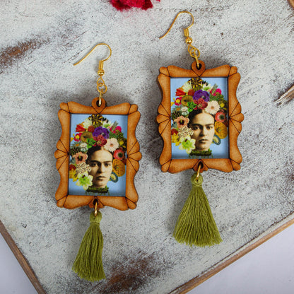 Frida Adorned Handcrafted Frida Kahlo and Flowers Wood Dangle Earrings