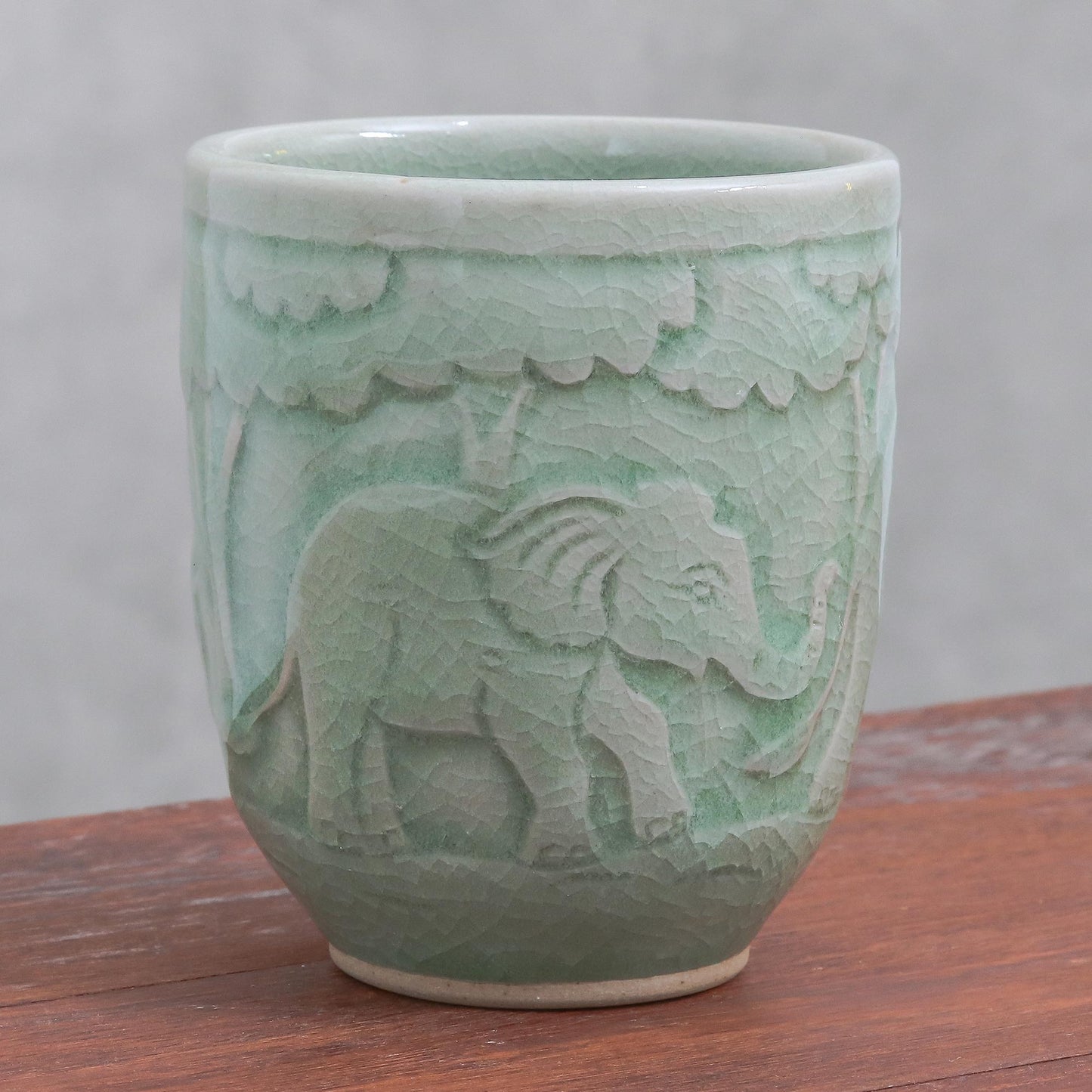 Elephant Forest Elephant-Themed Celadon Ceramic Teacup from Thailand