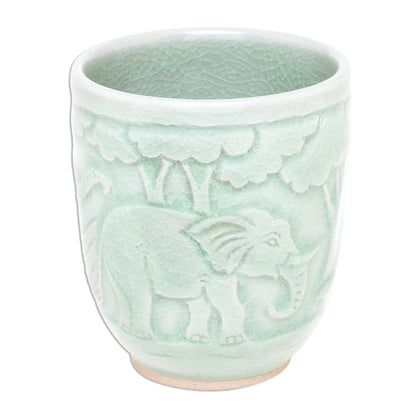 Elephant Forest Elephant-Themed Celadon Ceramic Teacup from Thailand