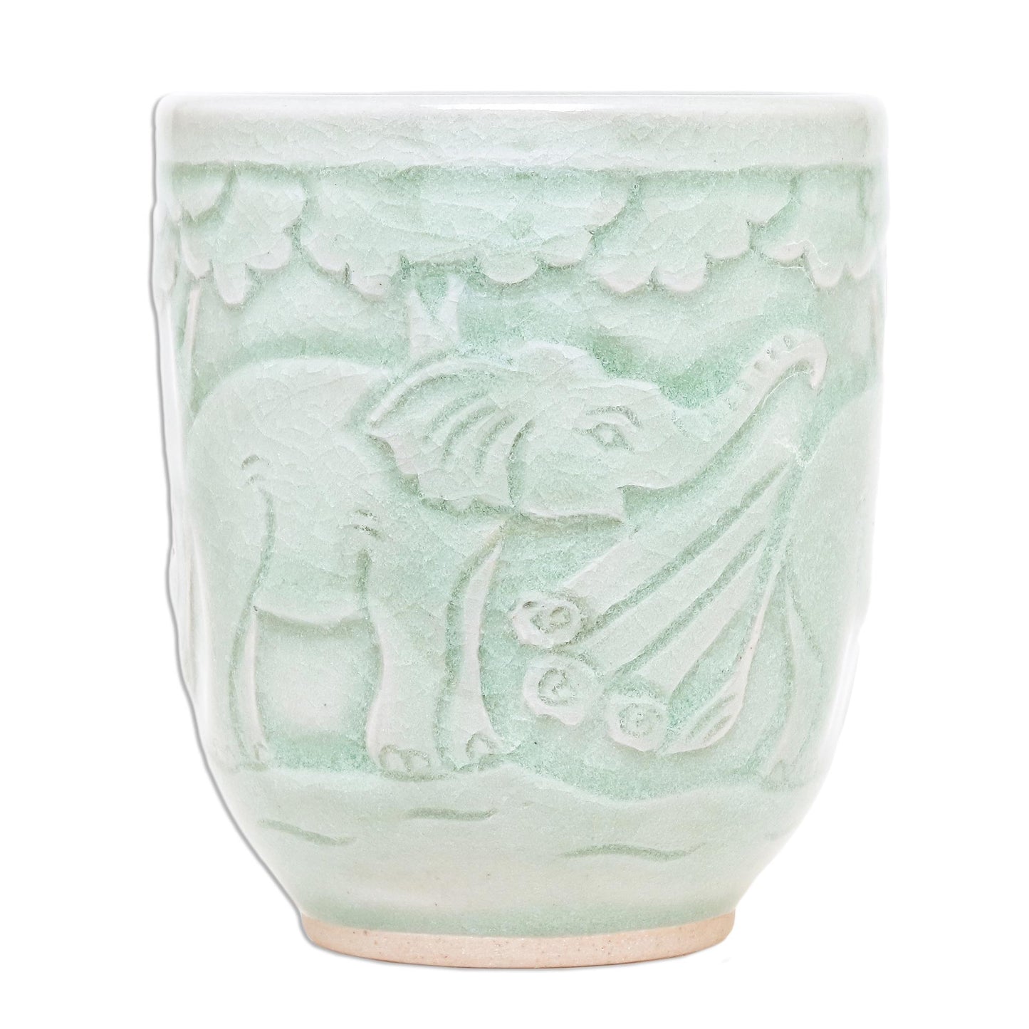 Elephant Forest Elephant-Themed Celadon Ceramic Teacup from Thailand