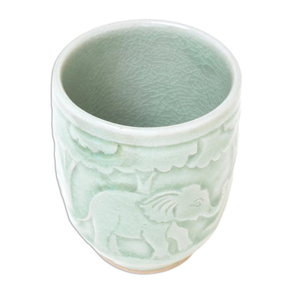 Elephant Forest Elephant-Themed Celadon Ceramic Teacup from Thailand