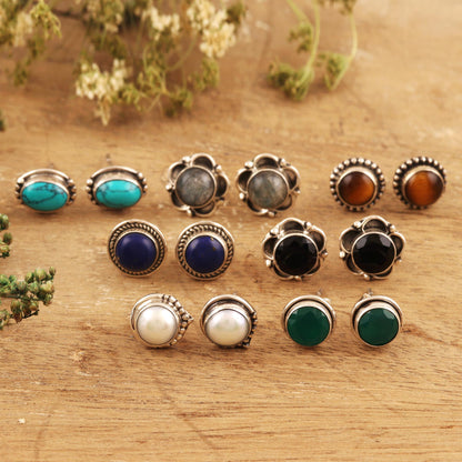 Everyday Pairs Multi-Gemstone Stud Earrings from India (Set of 7)