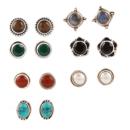 Elegant Pairs Set of 7 Multi-Gemstone Stud Earrings from India