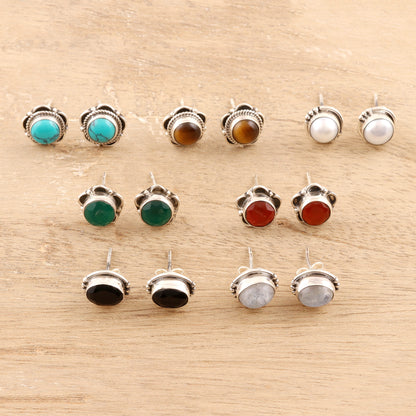 Everyday Pairs Artisan Crafted Multi-Gemstone Stud Earrings (Set of 7)