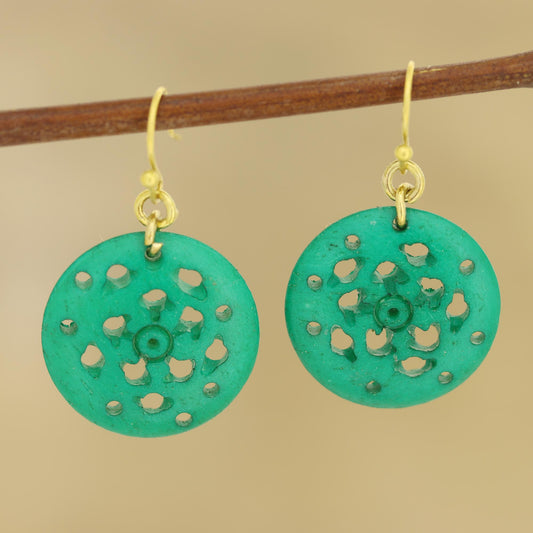 Delightful Round Round Blue-Green Bone Dangle Earrings from India