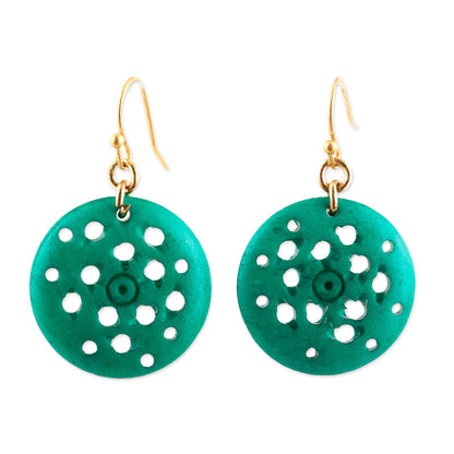 Delightful Round Round Blue-Green Bone Dangle Earrings from India