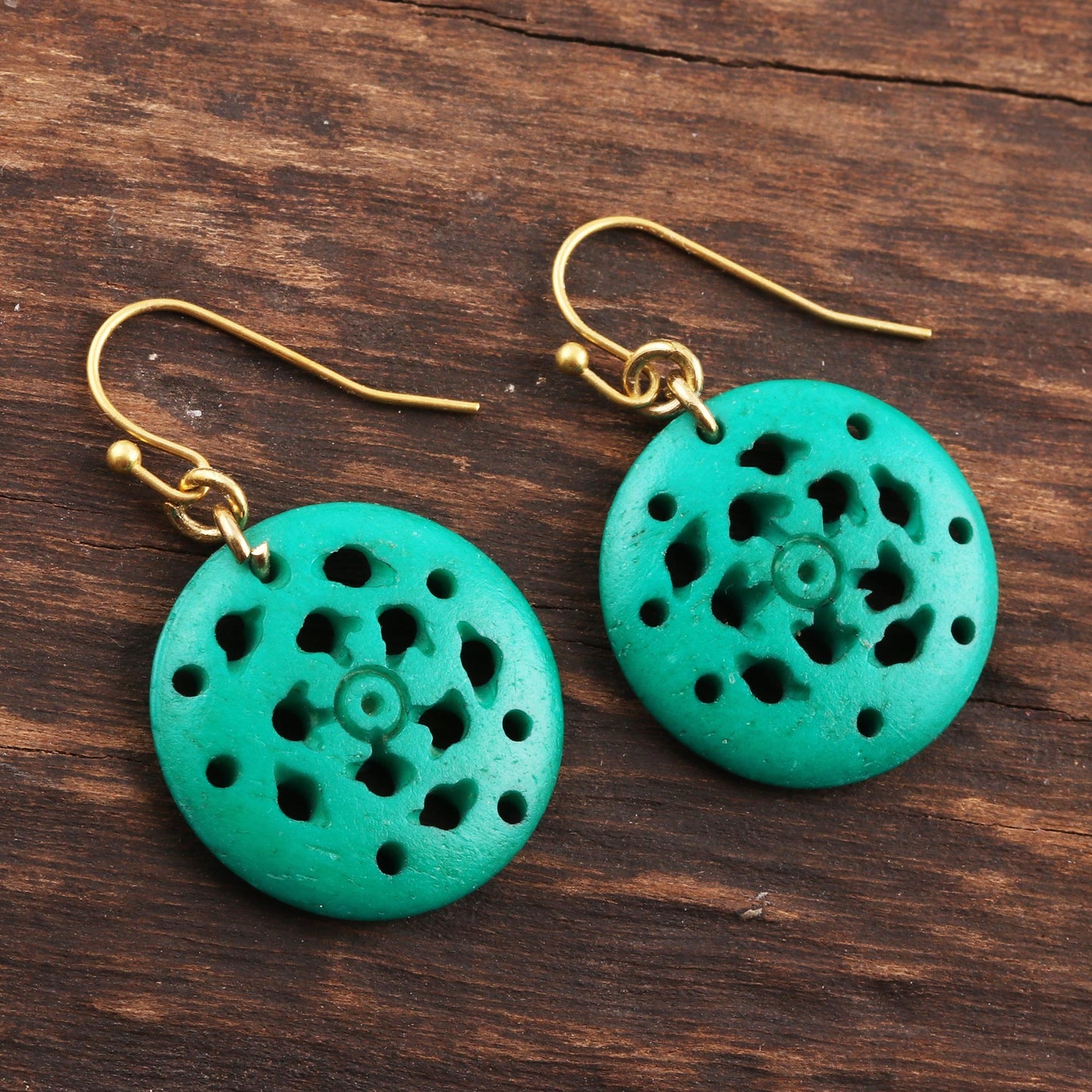 Delightful Round Round Blue-Green Bone Dangle Earrings from India