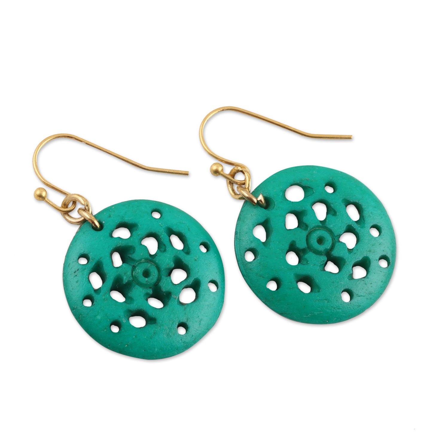 Delightful Round Round Blue-Green Bone Dangle Earrings from India