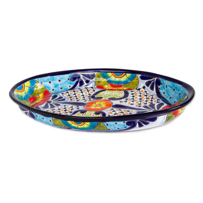 Raining Flowers Talavera-Style Oval Ceramic Serving Platter from Mexico