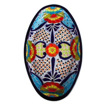 Raining Flowers Talavera-Style Oval Ceramic Serving Platter from Mexico