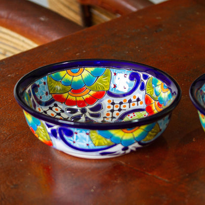 Raining Flowers Mexican Talavera Style Ceramic Snack or Serving Bowls (Pair)