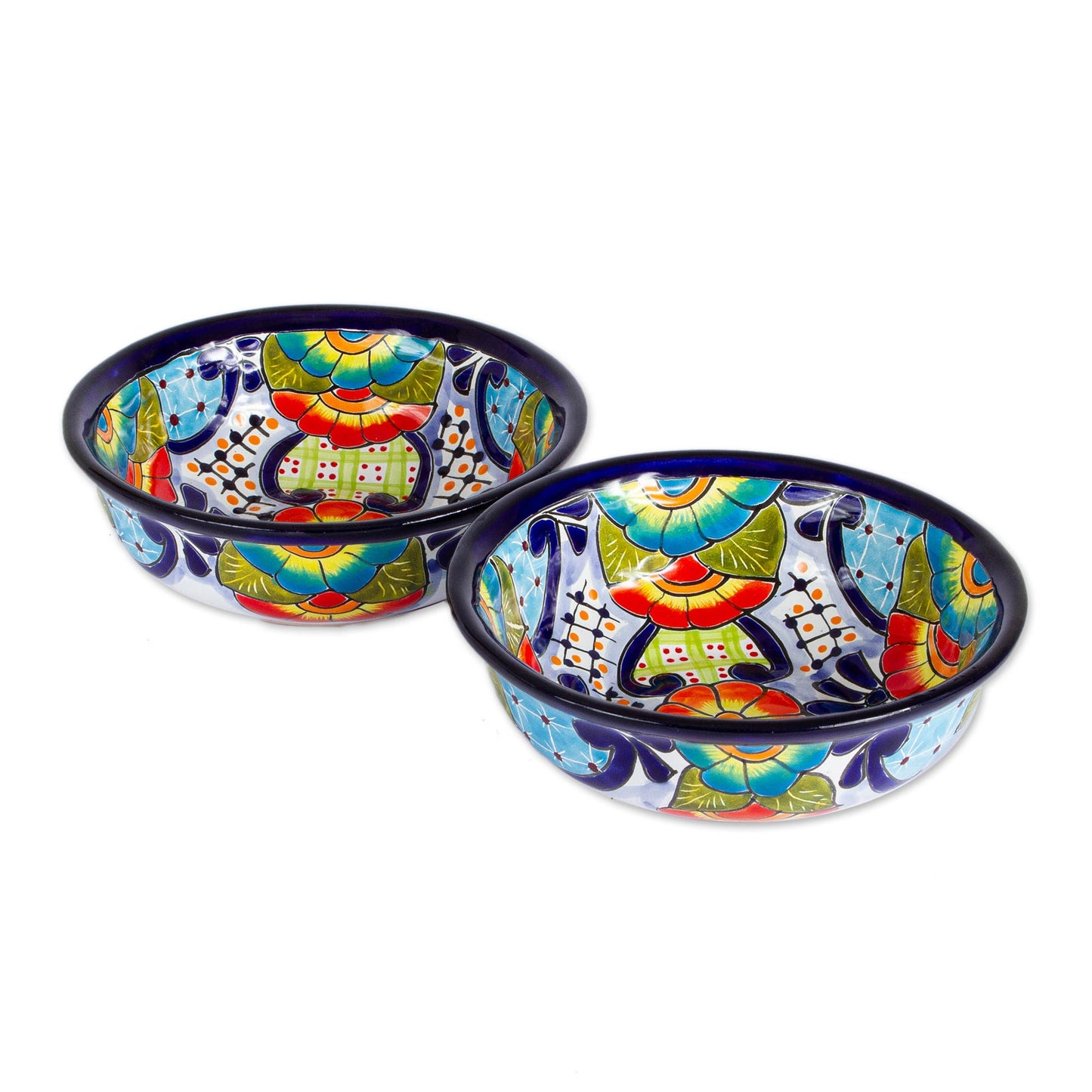 Raining Flowers Mexican Talavera Style Ceramic Snack or Serving Bowls (Pair)