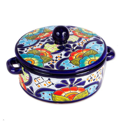 Raining Flowers Mexican Talavera Style Ceramic Tortilla Container and Lid