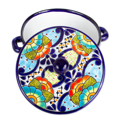 Raining Flowers Mexican Talavera Style Ceramic Tortilla Container and Lid