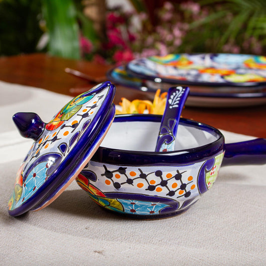 Raining Flowers Mexican Talavera Style Covered Salsa Dish with Spoon