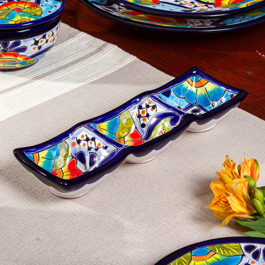 Raining Flowers Mexican Talavera Style Ceramic Triple Condiment Dish