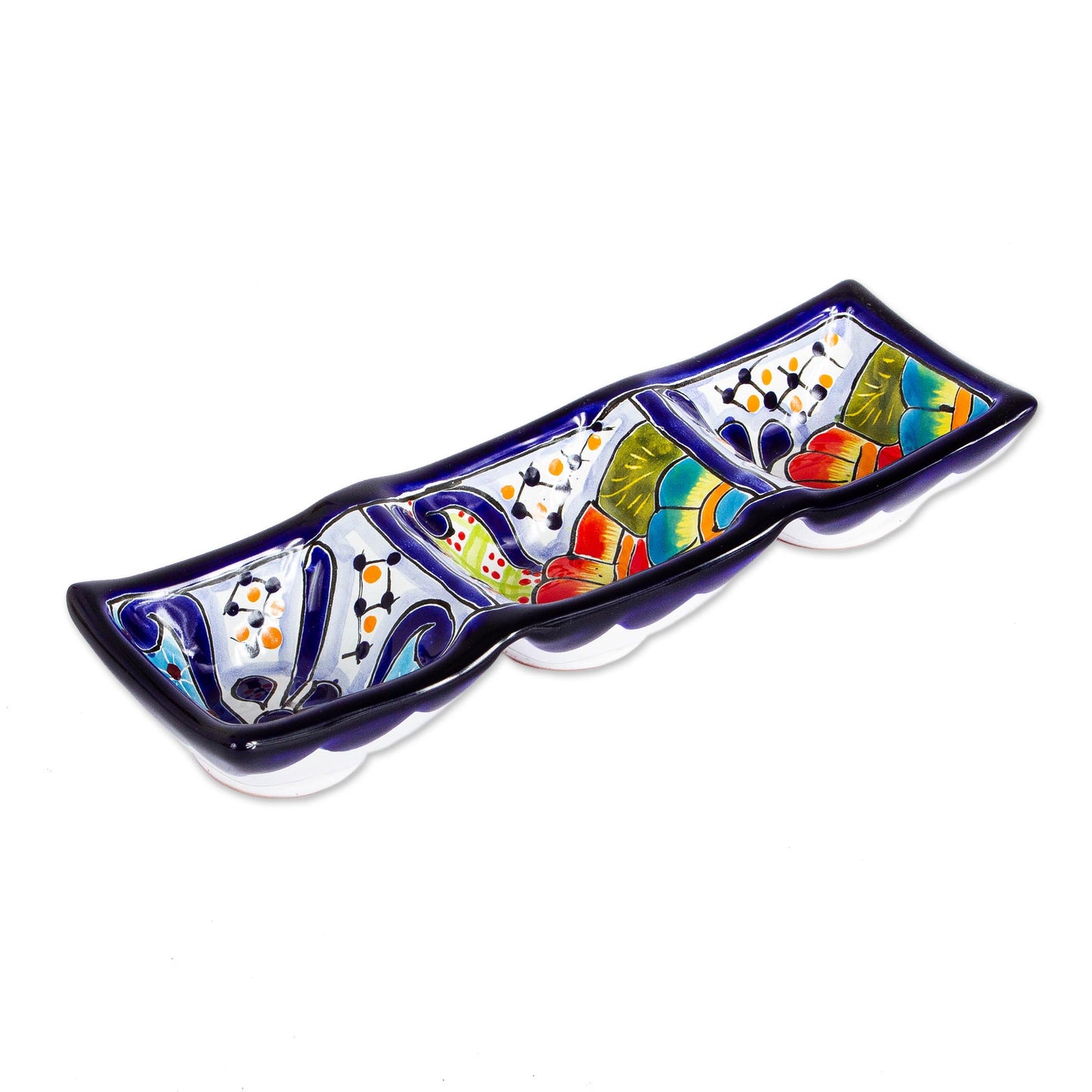 Raining Flowers Mexican Talavera Style Ceramic Triple Condiment Dish