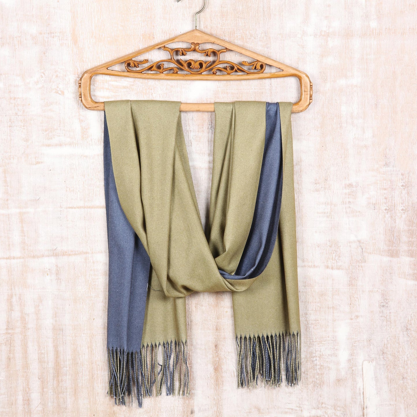 Dual Delight Reversible Indian Cashmere Wool Blue and Green Shawl