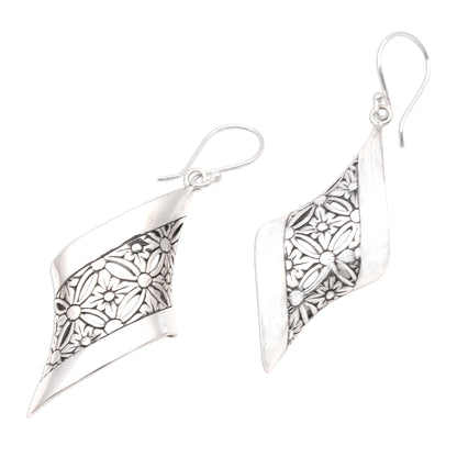 Curved Bliss Curved Floral Sterling Silver Dangle Earrings from Bali