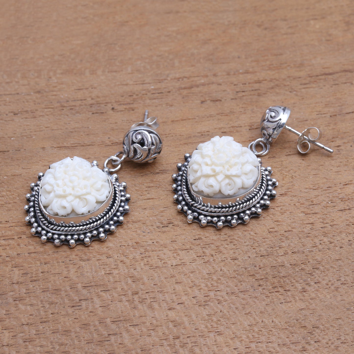 Luminous Petals Floral Sterling Silver and Bone Dangle Earrings from Bali