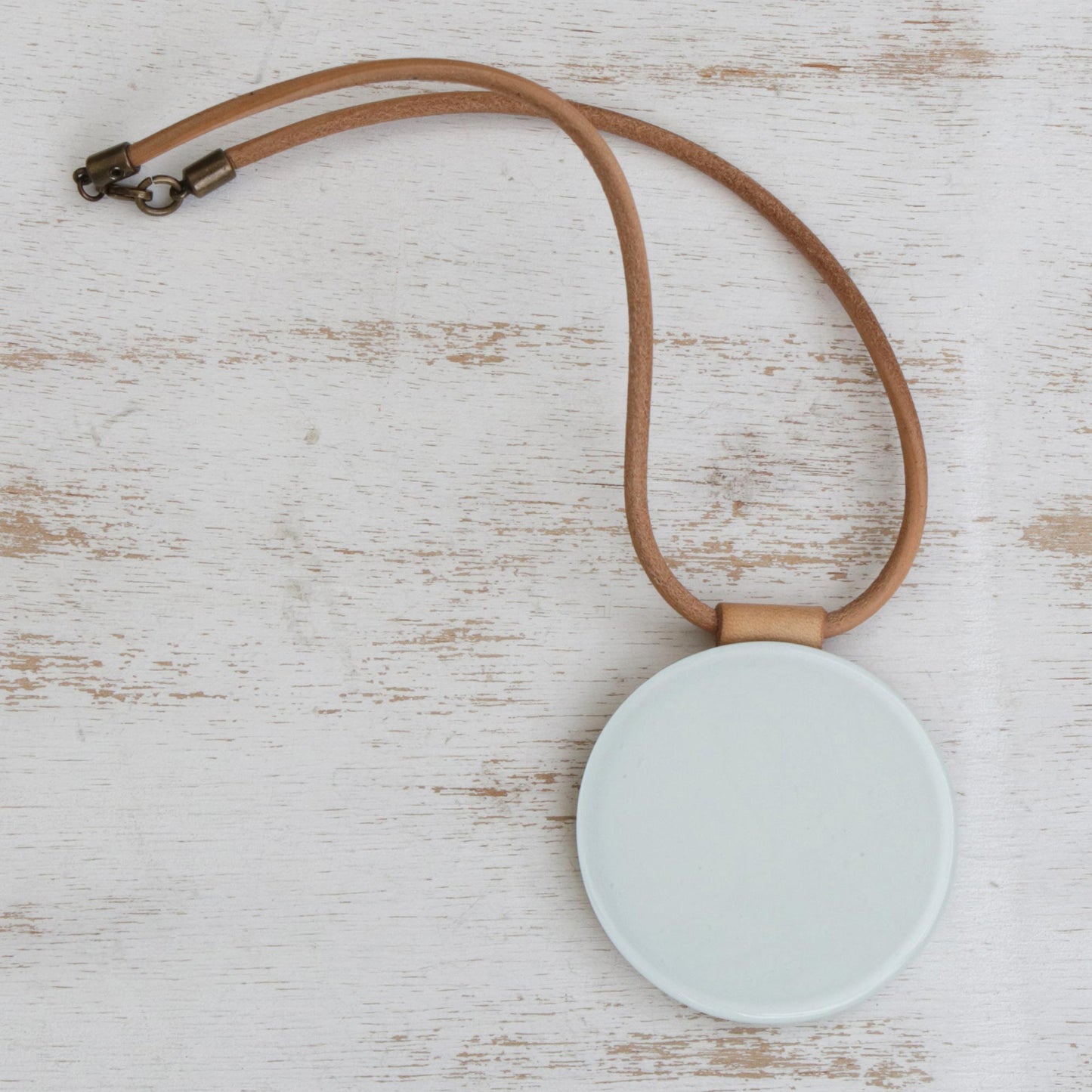 Rising Moon White Art Glass Disc Pendant Brown Leather Cord Necklace