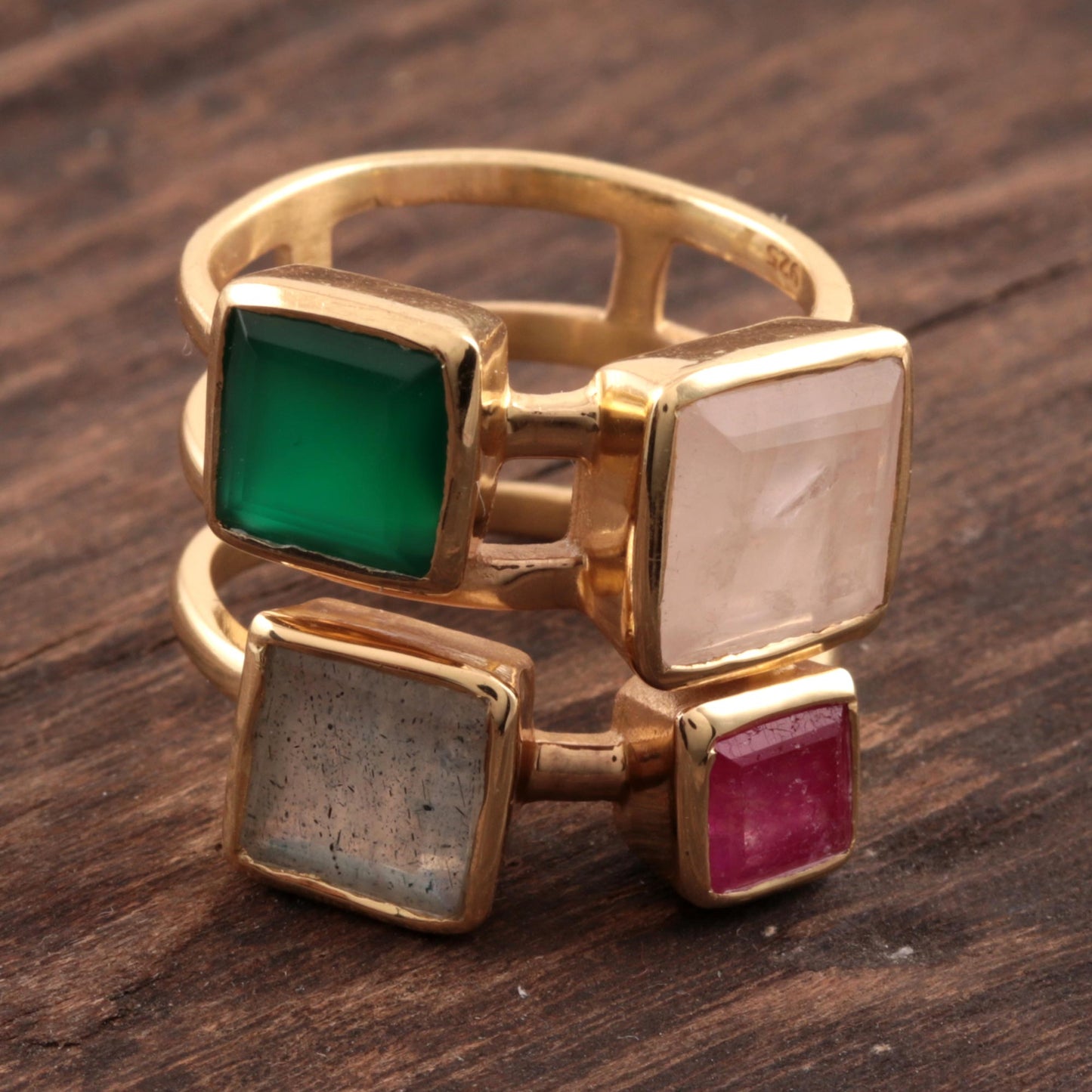 Sparkling Squares Gold Plated Multi-Gemstone Cocktail Ring from India