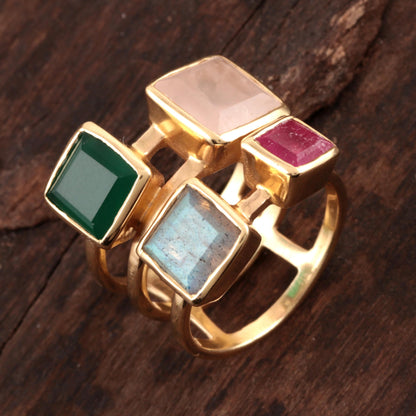 Sparkling Squares Gold Plated Multi-Gemstone Cocktail Ring from India