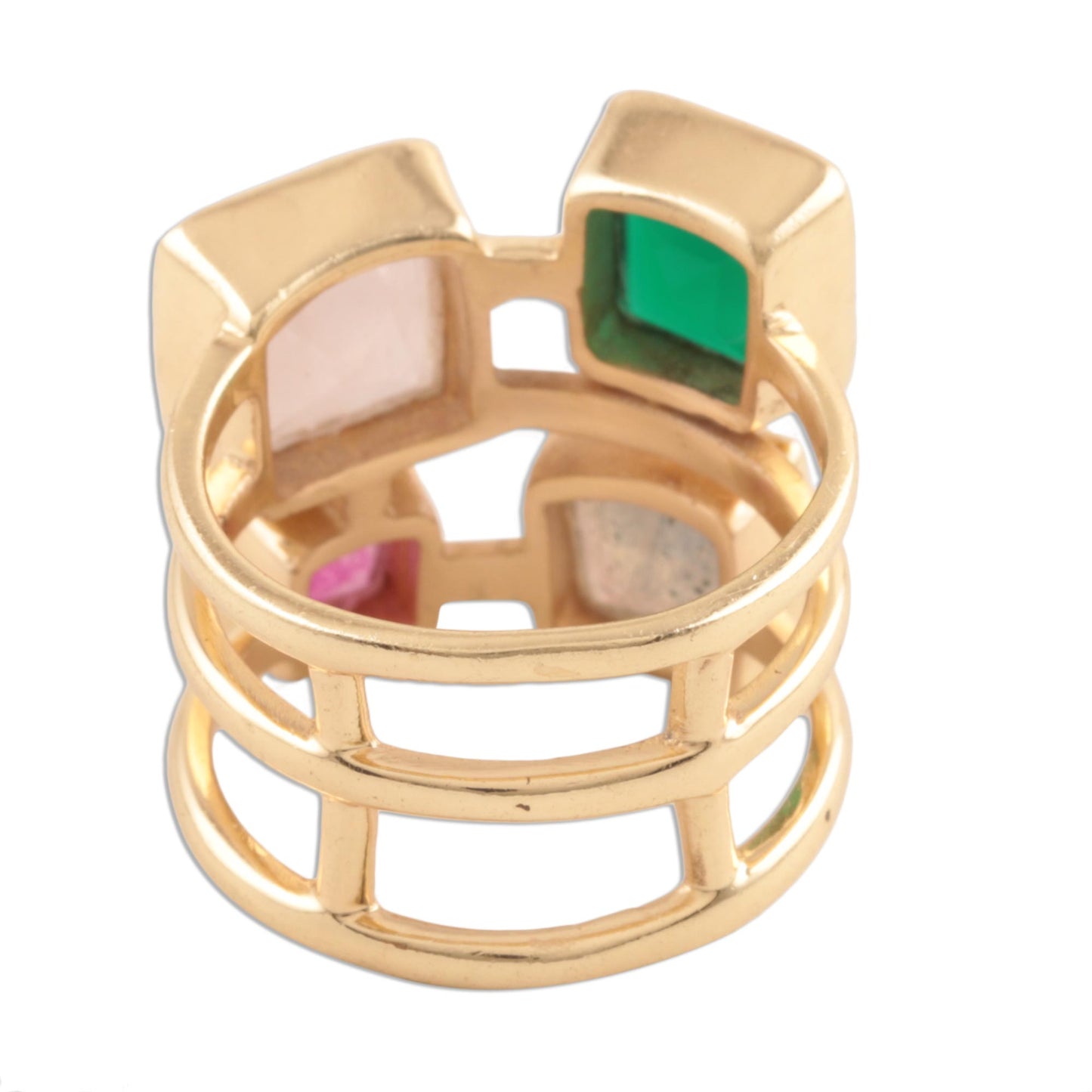 Sparkling Squares Gold Plated Multi-Gemstone Cocktail Ring from India