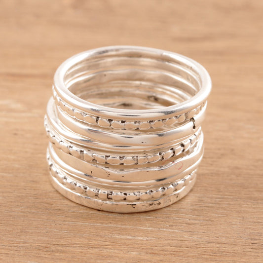 Friendship Patterns Sterling Silver Band Rings Crafted in India (Set of 9)