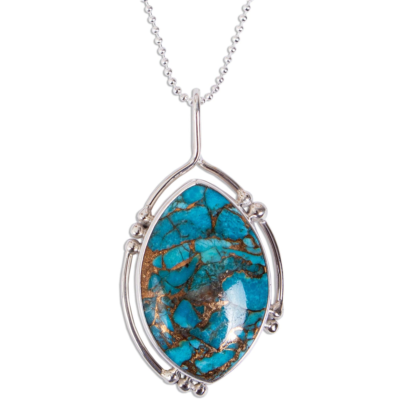 Wintry Eye Composite Turquoise and Taxco Silver Pendant Necklace