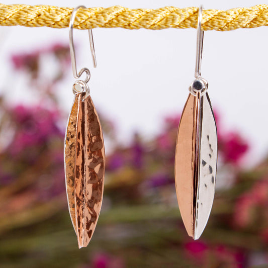 Hammered Abstraction Taxco Sterling Silver and Copper Dangle Earrings from Mexico