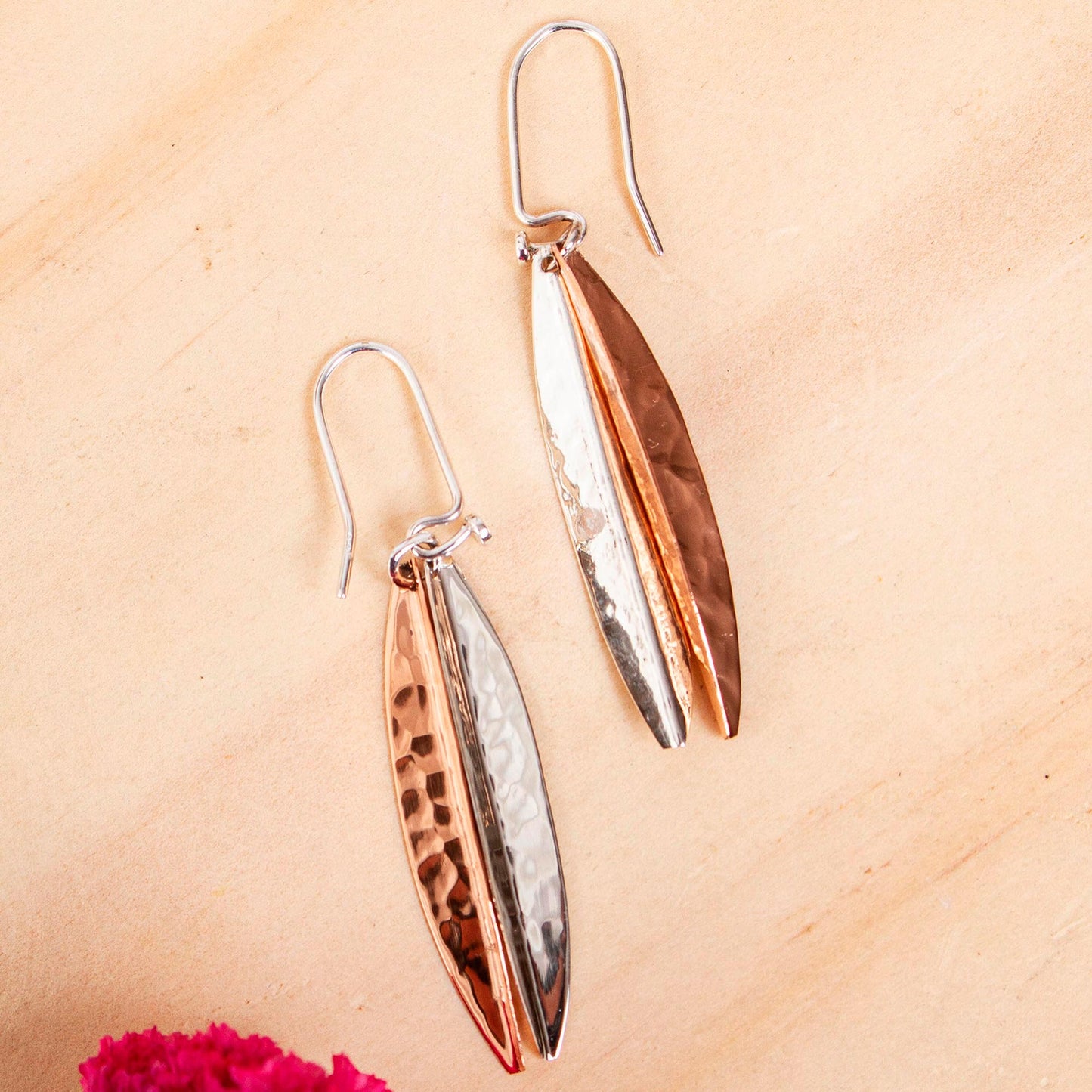 Hammered Abstraction Taxco Sterling Silver and Copper Dangle Earrings from Mexico