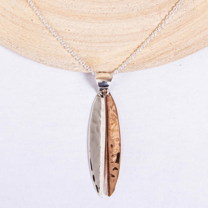 Hammered Abstraction Taxco Sterling Silver and Copper Pendant Necklace