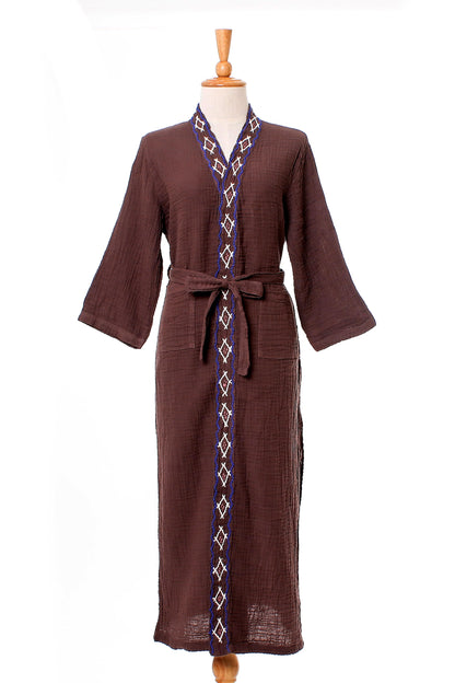 Nature Relaxation Diamond Embroidered Cotton Robe in Chestnut from Thailand