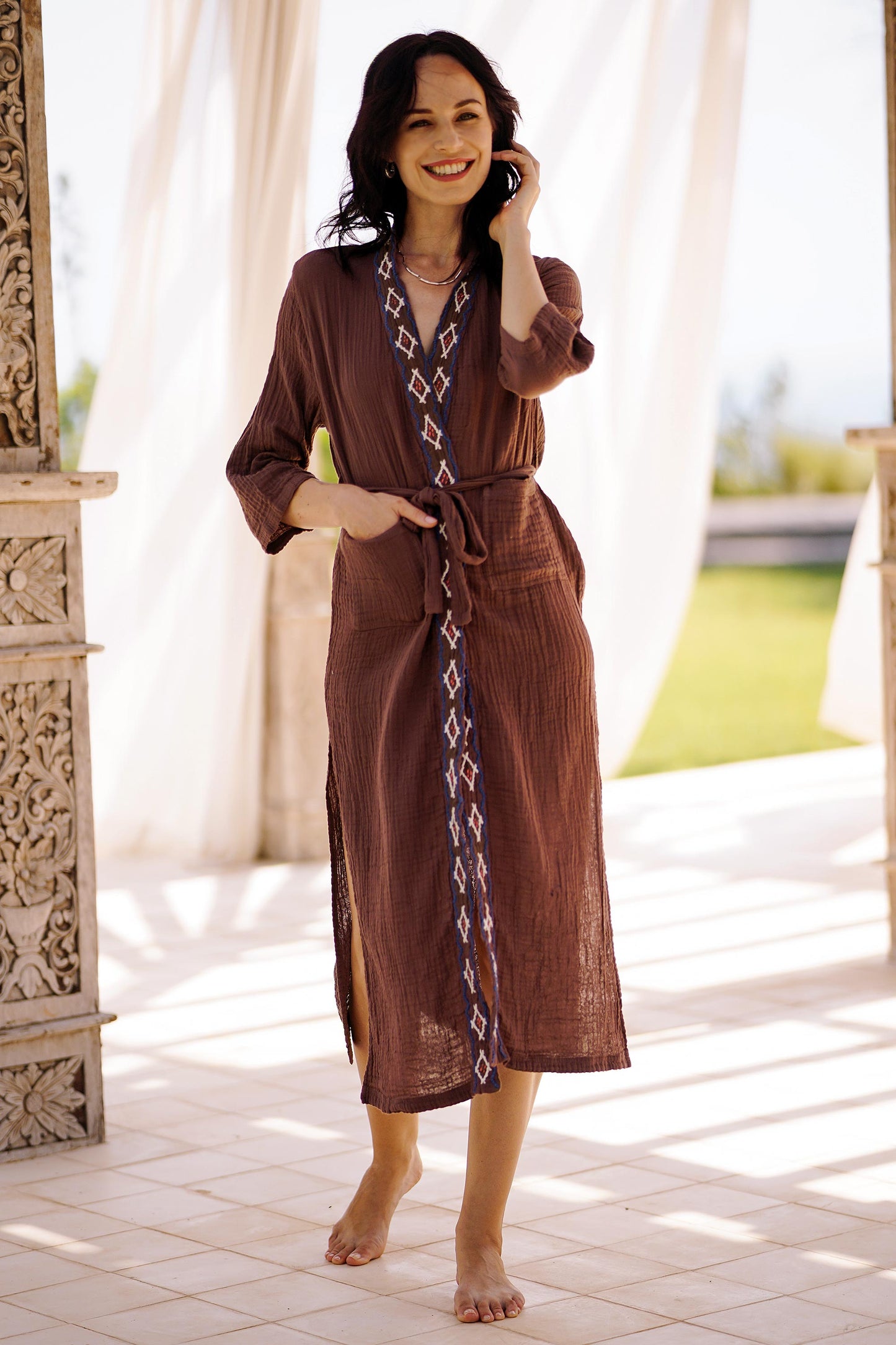 Nature Relaxation Diamond Embroidered Cotton Robe in Chestnut from Thailand