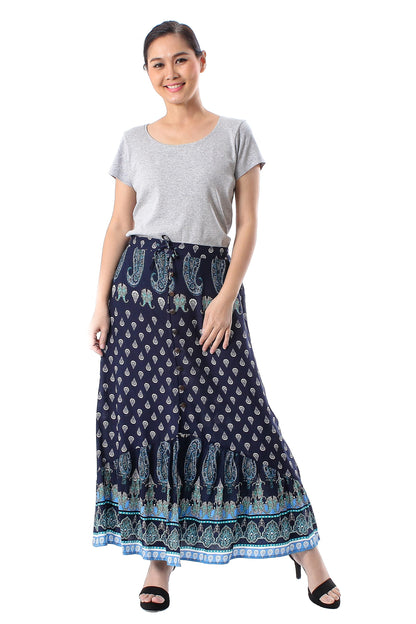 Navy Paisleys Paisley Motif Printed Rayon Skirt from Thailand