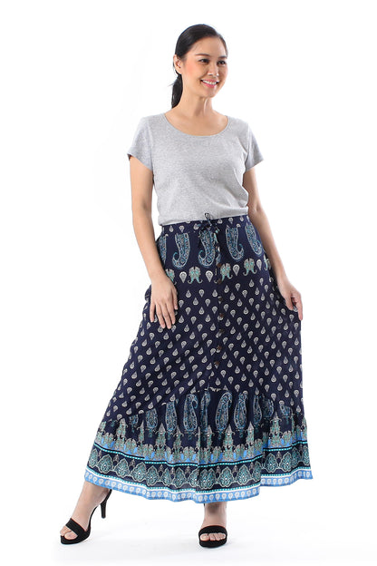 Navy Paisleys Paisley Motif Printed Rayon Skirt from Thailand