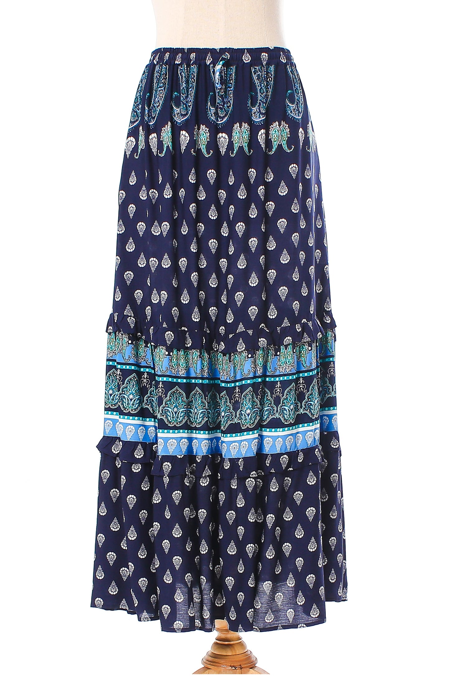 Navy Paisleys Paisley Motif Printed Rayon Skirt from Thailand