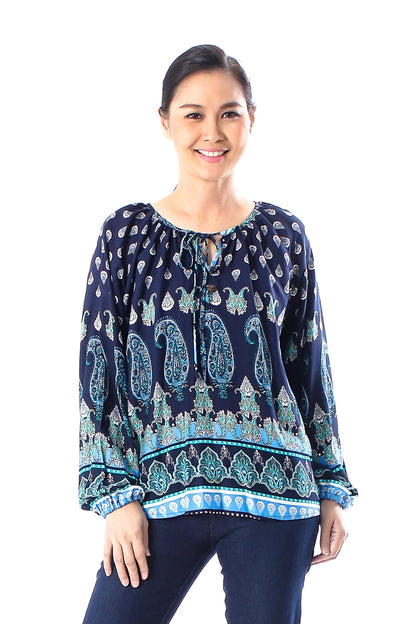 Tender Paisleys Indigo Paisley Motif Rayon Blouse Crafted in Thailand