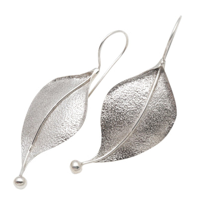 Curved Leaves Modern Leaf-Shaped Sterling Silver Drop Earrings from Bali