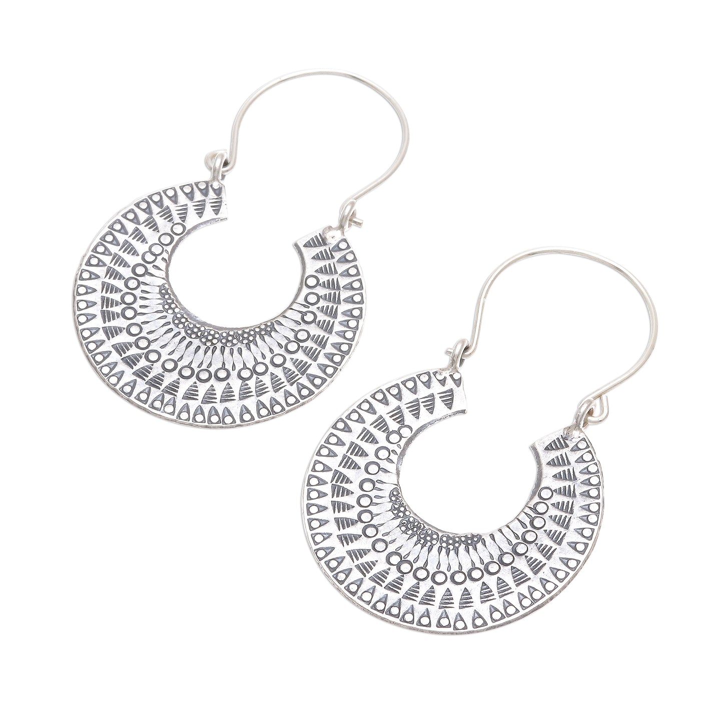 Crescent Patterns Patterned Crescent Sterling Silver Hoop Earrings