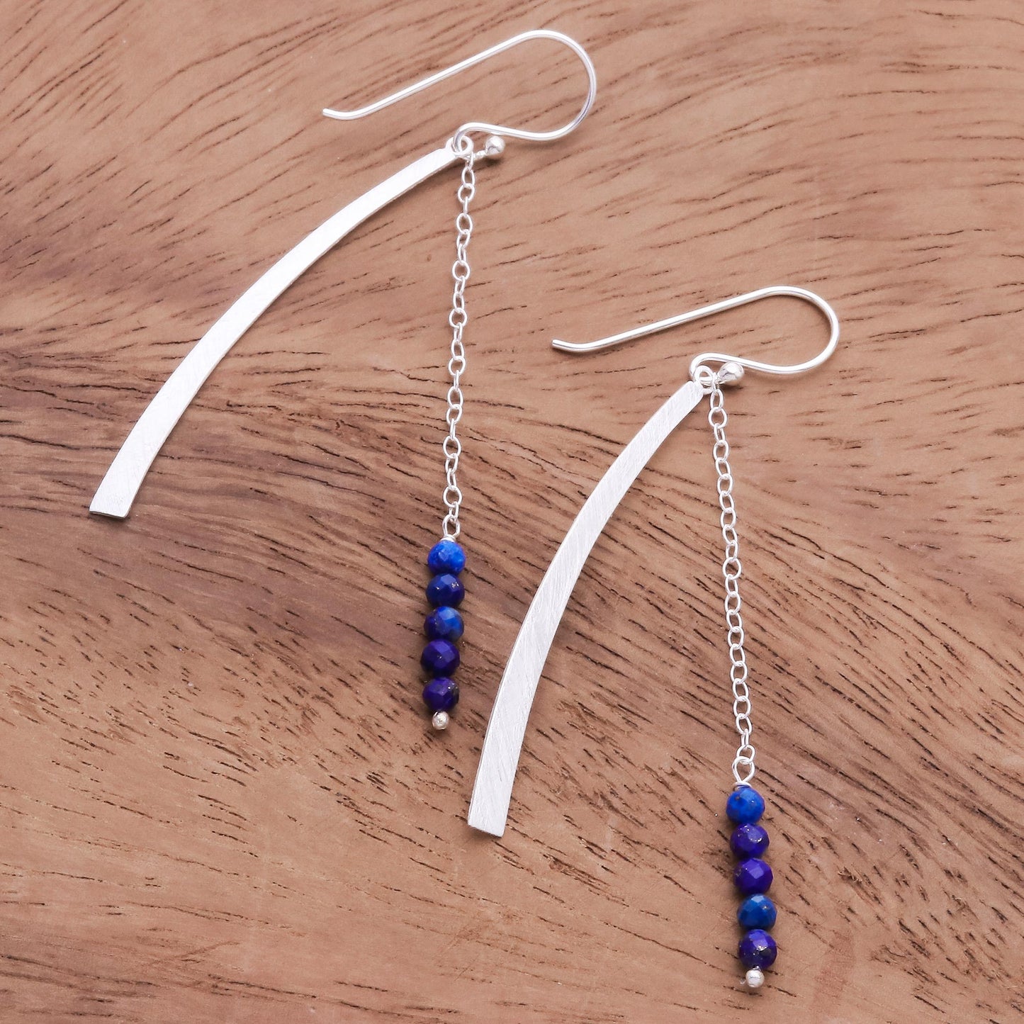 Bright Curve Modern Lapis Lazuli Beaded Dangle Earrings from Thailand