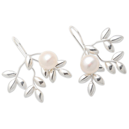 Ripe Leafy Cultured Pearl Drop Earrings from Bali