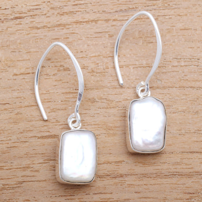 Snowy Rectangles Rectangular Cultured Pearl Dangle Earrings from Bali