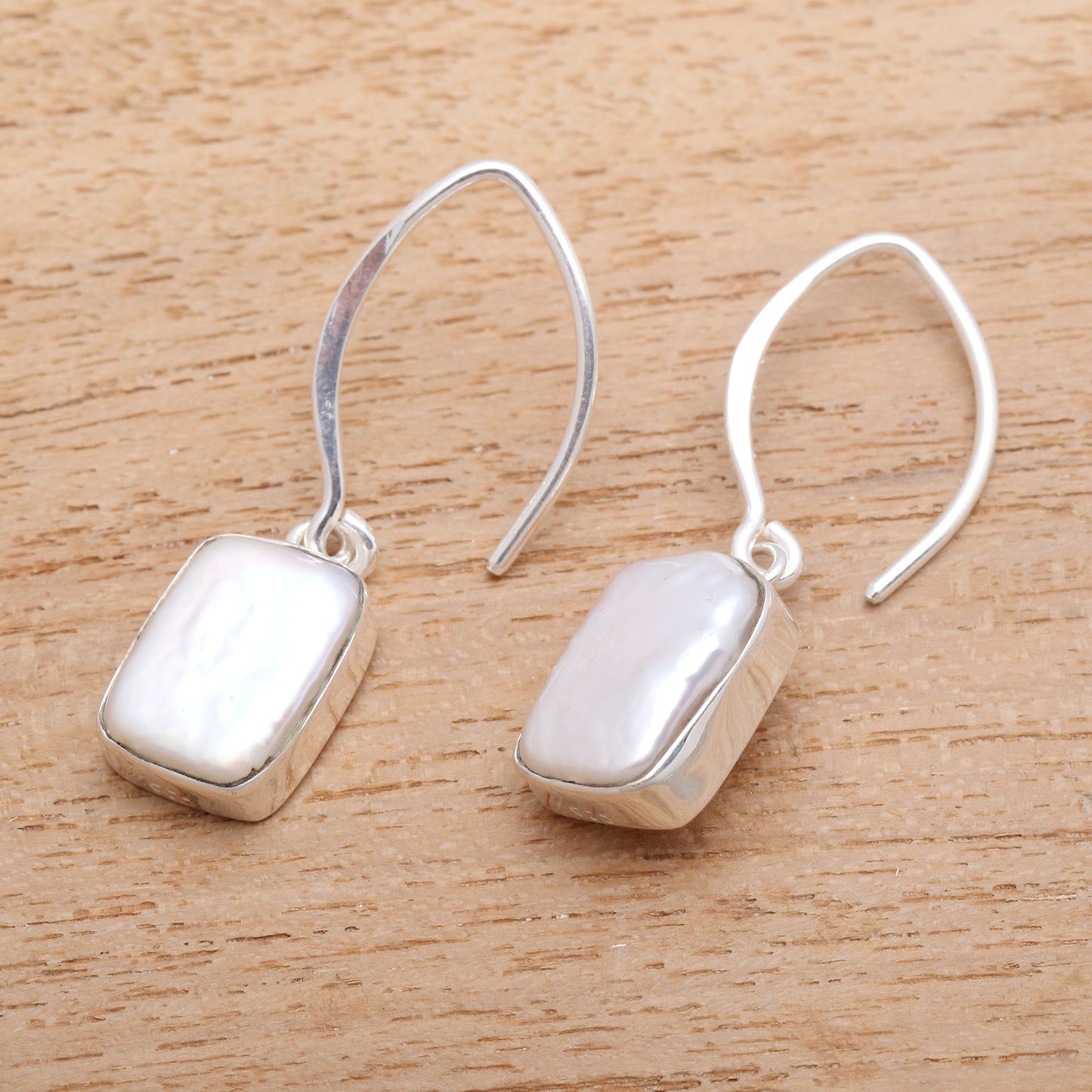 Snowy Rectangles Rectangular Cultured Pearl Dangle Earrings from Bali