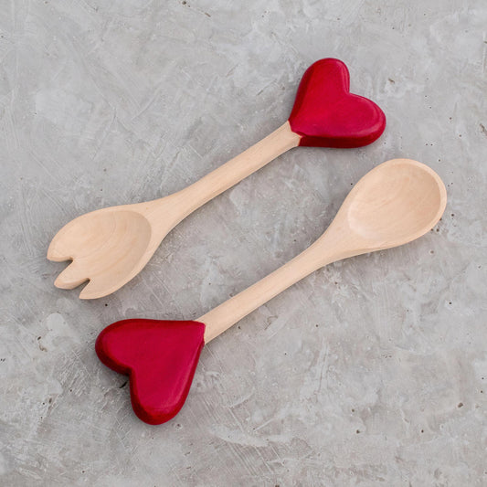 Unconditional Love Heart-Themed Wood Serving Utensils from Guatemala (Pair)