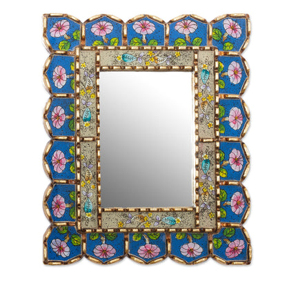 Beautiful Arrangement Floral Motif Bronze Gilded Reverse-Painted Glass Wall Mirror