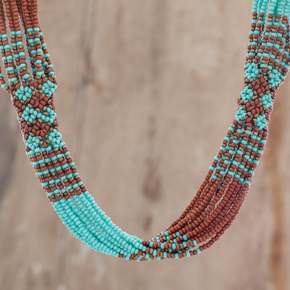 Harmonious Elegance in Brown Brown and Turquoise Blue Glass Beaded Strand Necklace